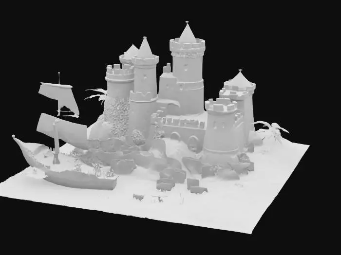 3D model for #AroundTheWorld#,  generate a cuban medieval fortress sitting on a floating island, engaged in a defensive battle against a huge pirate ship, realistic colors, highly details