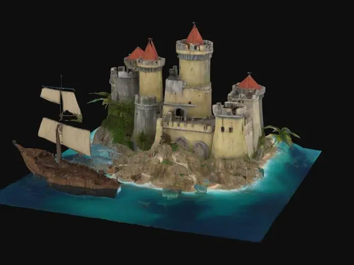 3D model for #AroundTheWorld#,  generate a cuban medieval fortress sitting on a floating island, engaged in a defensive battle against a huge pirate ship, realistic colors, highly details