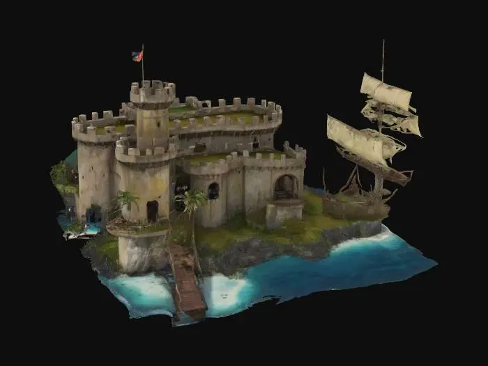 3D model for #AroundTheWorld#,  generate a cuban medieval fortress sitting on a floating island, engaged in a defensive battle against a huge pirate ship, realistic colors, highly details