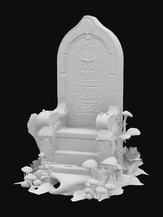 3D model for Design a highly detailed throne from an ancient high tech alien civilization. The throne is inside some ruins consumed by alien trees, plants and glowing mushrooms. For the texture of the throne combine a dark granite glossy finish with alien rune inscriptions.