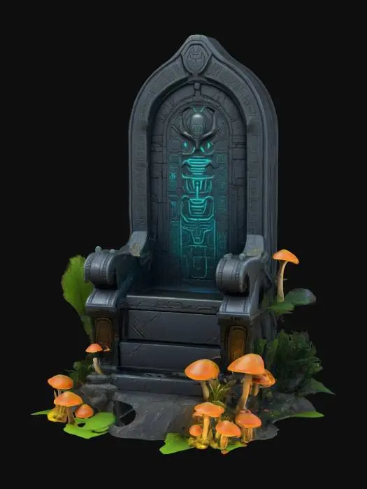 3D model for Design a highly detailed throne from an ancient high tech alien civilization. The throne is inside some ruins consumed by alien trees, plants and glowing mushrooms. For the texture of the throne combine a dark granite glossy finish with alien rune inscriptions.