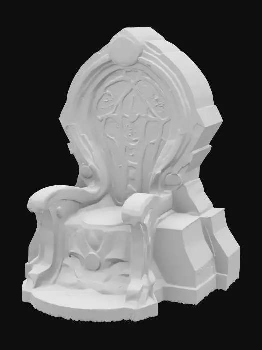 3D model for Design a highly detailed throne from an ancient high tech alien civilization. The throne is inside some ruins consumed by alien trees, plants and glowing mushrooms. For the texture of the throne combine a dark granite glossy finish with alien rune inscriptions.