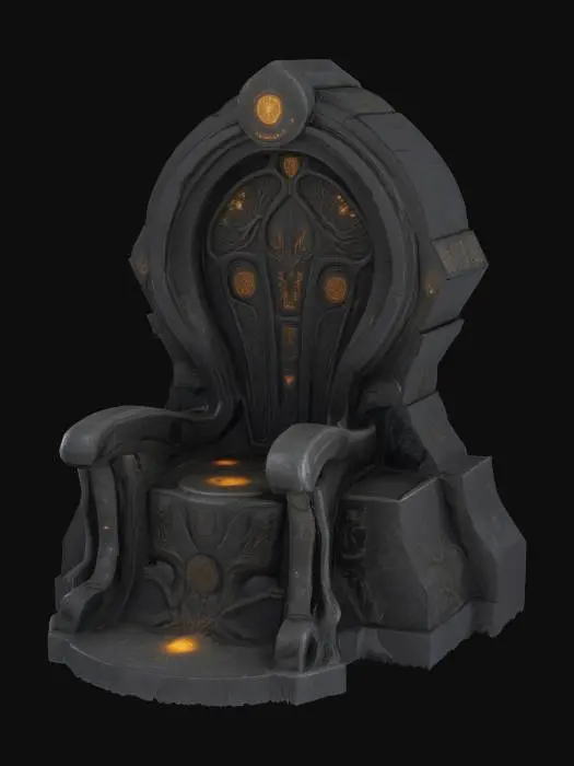 3D model for Design a highly detailed throne from an ancient high tech alien civilization. The throne is inside some ruins consumed by alien trees, plants and glowing mushrooms. For the texture of the throne combine a dark granite glossy finish with alien rune inscriptions.
