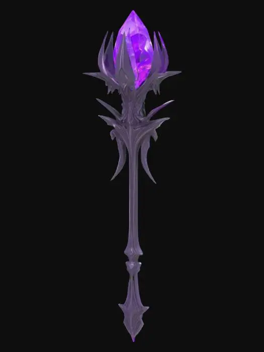 3D model for alien cybernetic scepter with a purple dark energy crystal in the top center, energy flowing from the crystal to the rest of the crown, all made with high definition and using a tungsten alloy material with a polished finish