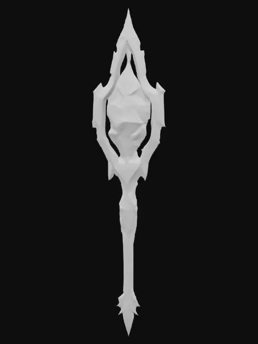 3D model for alien cybernetic scepter with a purple dark energy crystal in the top center, energy flowing from the crystal to the rest of the crown, all made with high definition and using a tungsten alloy material with a polished finish