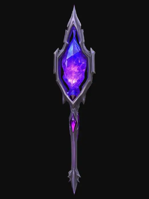 3D model for alien cybernetic scepter with a purple dark energy crystal in the top center, energy flowing from the crystal to the rest of the crown, all made with high definition and using a tungsten alloy material with a polished finish