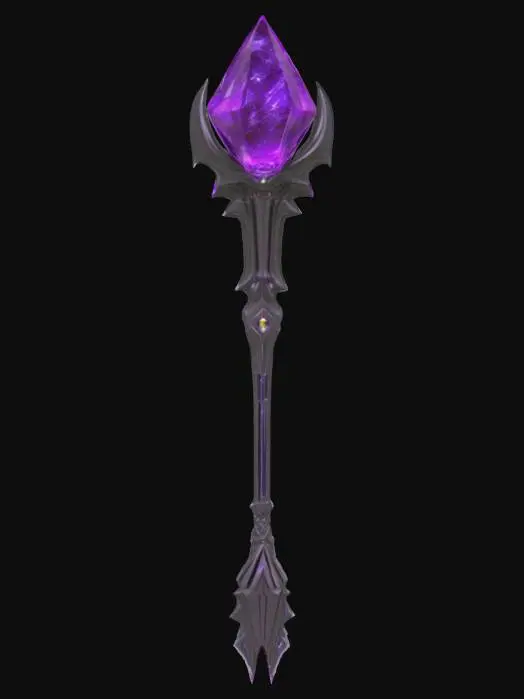3D model for alien cybernetic scepter with a purple dark energy crystal in the top center, energy flowing from the crystal to the rest of the crown, all made with high definition and using a tungsten alloy material with a polished finish