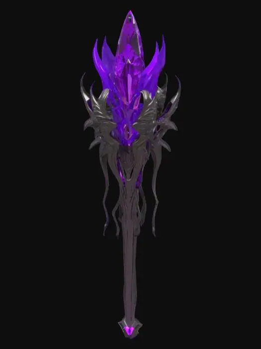 3D model for alien cybernetic scepter with a purple dark energy crystal in the top center, energy flowing from the crystal to the rest of the crown, all made with high definition and using a tungsten alloy material with a polished finish