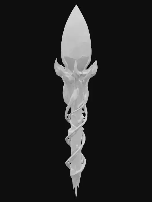 3D model for alien cybernetic scepter with a purple dark energy crystal in the top center, energy flowing from the crystal to the rest of the crown, all made with high definition and using a tungsten alloy material with a polished finish