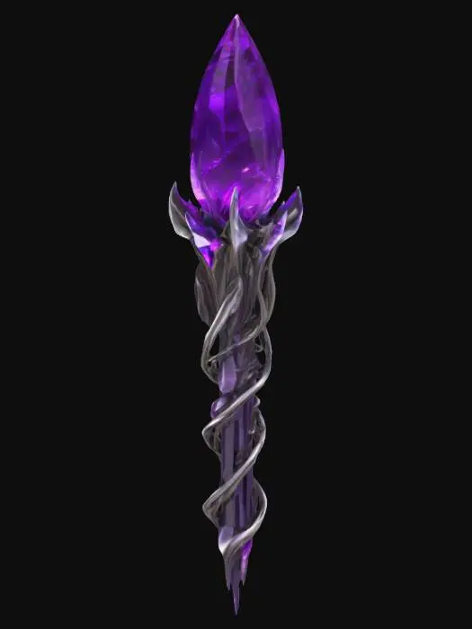 3D model for alien cybernetic scepter with a purple dark energy crystal in the top center, energy flowing from the crystal to the rest of the crown, all made with high definition and using a tungsten alloy material with a polished finish