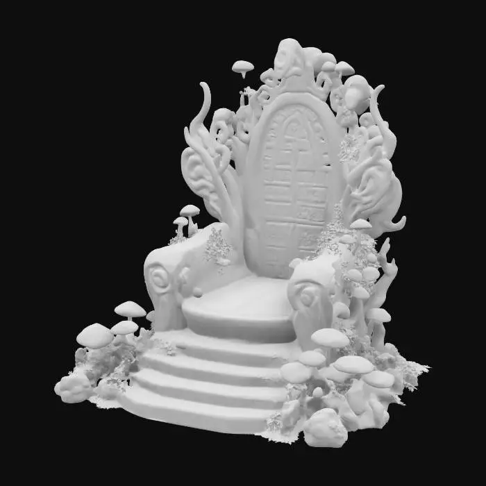 3D model for Design a highly detailed throne from an ancient high tech alien civilization. The throne is inside some ruins consumed by alien trees, plants and glowing mushrooms. For the texture of the throne combine a dark granite glossy finish with alien rune inscriptions.