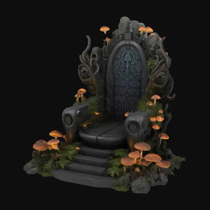 3D model for Design a highly detailed throne from an ancient high tech alien civilization. The throne is inside some ruins consumed by alien trees, plants and glowing mushrooms. For the texture of the throne combine a dark granite glossy finish with alien rune inscriptions.