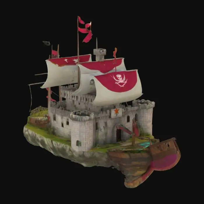 3D model for #AroundTheWorld#, reimagine a cuban medieval fortress sitting on a floating island, engaged in a defensive battle against a flying pirate ship, vibrant colors, high details