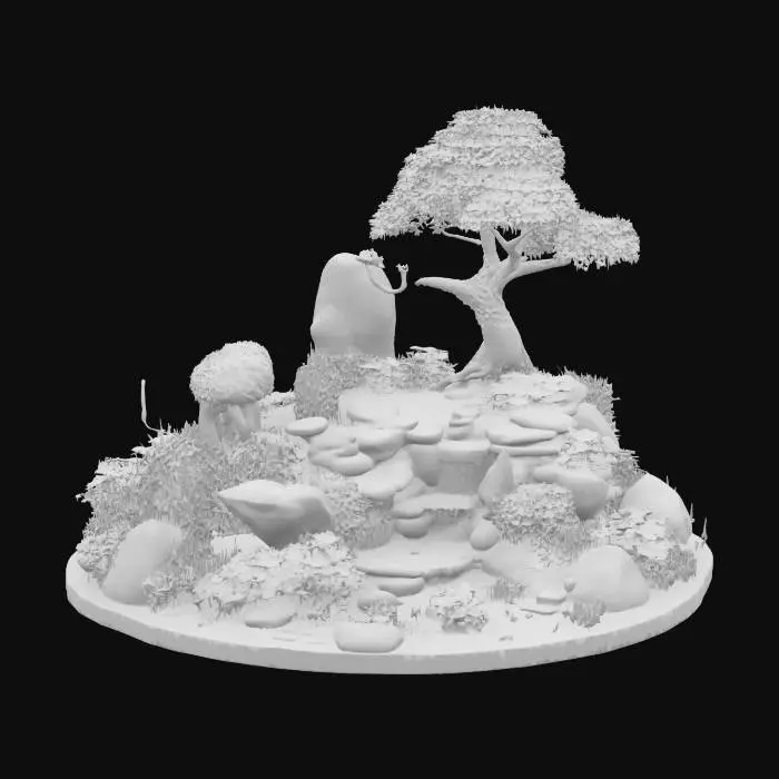 3D model for #garden#, diorama with a big old tree growing around an ancient rock monolith, a small cascade flowing between some roots of the tree and the monolith rock forming a small lake below the left side of the tree and the rocks, small herbs and flowers growing around. The model should have vibrant colors and ultra realistic design