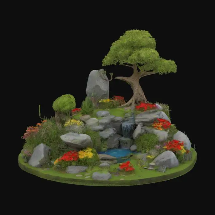 3D model for #garden#, diorama with a big old tree growing around an ancient rock monolith, a small cascade flowing between some roots of the tree and the monolith rock forming a small lake below the left side of the tree and the rocks, small herbs and flowers growing around. The model should have vibrant colors and ultra realistic design