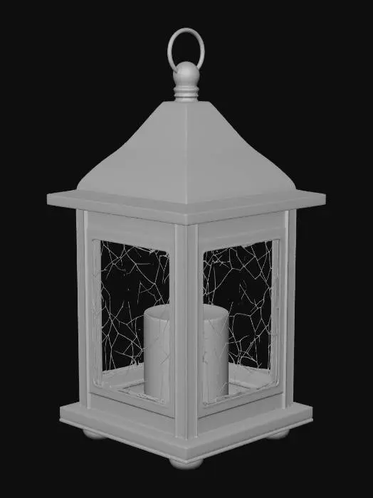 3D model for A rustic four-sided candle lantern, with an aged wooden frame, a bronze, pyramid-shaped roof, and a glowing candle inside casting light through semi-transparent amber glass with subtle crack patterns, top hanging ring, thick-proportioned and finely detailed form in semi-realistic style.