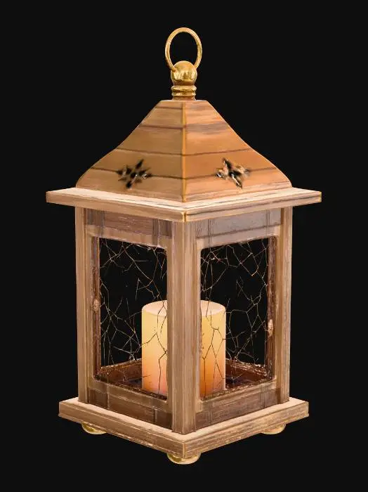 3D model for A rustic four-sided candle lantern, with an aged wooden frame, a bronze, pyramid-shaped roof, and a glowing candle inside casting light through semi-transparent amber glass with subtle crack patterns, top hanging ring, thick-proportioned and finely detailed form in semi-realistic style.