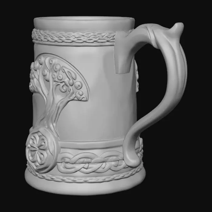 3D model for A carved mug of dark wood, with celtic braided bands of gold around the top and bottom edges, and a curved copper handle embossed with the tree of life symbol.