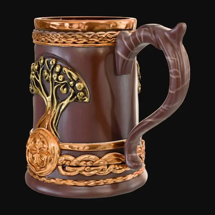 3D model for A carved mug of dark wood, with celtic braided bands of gold around the top and bottom edges, and a curved copper handle embossed with the tree of life symbol.