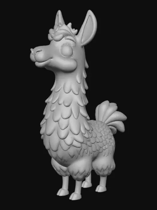 3D model for "A stylized llama inspired by Fortnite, with vibrant cartoonish colors, exaggerated proportions, and playful details. Smooth, low-poly yet polished look with bold outlines and glossy highlights. Fun, whimsical expression, suitable as a game asset in a colorful battle royale setting."