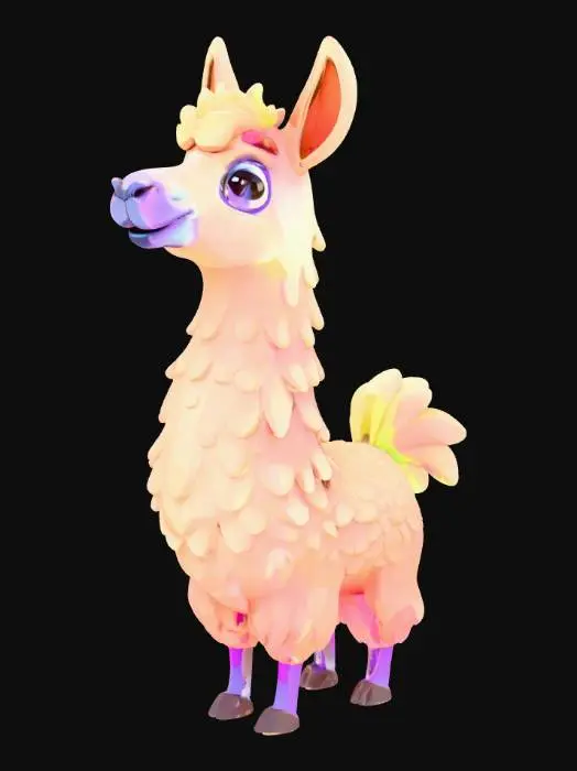 3D model for "A stylized llama inspired by Fortnite, with vibrant cartoonish colors, exaggerated proportions, and playful details. Smooth, low-poly yet polished look with bold outlines and glossy highlights. Fun, whimsical expression, suitable as a game asset in a colorful battle royale setting."