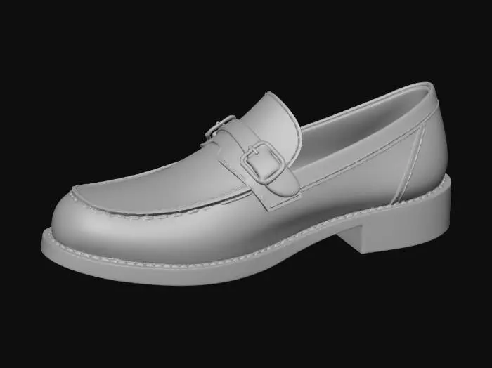 3D model for 一双经典的黑色漆皮乐福鞋，表面光泽亮丽，反射着周围光线。鞋头圆润，鞋面横跨同色系皮带，镶嵌银色金属扣饰。扣饰中央为H形，两侧伴有小巧蝴蝶图案。鞋子拥有厚实黑色防滑鞋底和方跟设计，整体风格时尚舒适，细节精致。