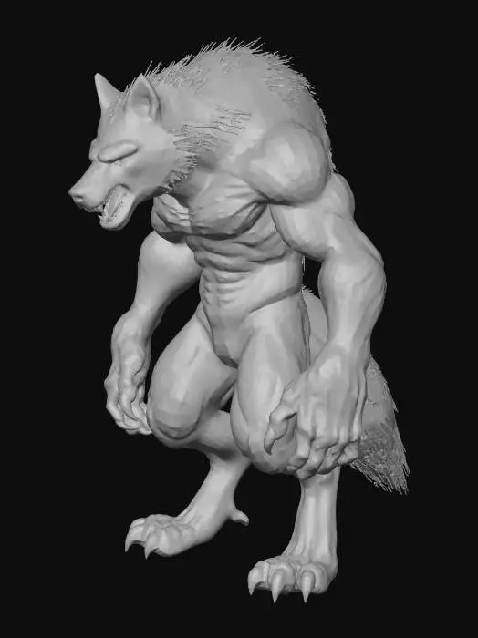 3D model for A towering, menacing wolf stands bipedally, its powerful, muscled physique covered in thick, coarse, dark grey fur. Its prominent snout is long, revealing sharp, yellowish fangs in a perpetual snarl, emphasizing a cunning and hungry expression. Large, pointed ears twitch atop its head, and its eyes glow with a mischievous, predatory gleam. The fur has a slightly matted, shaggy texture, and its formidable claws are visible, hinting at its dangerous nature.
, #villain#