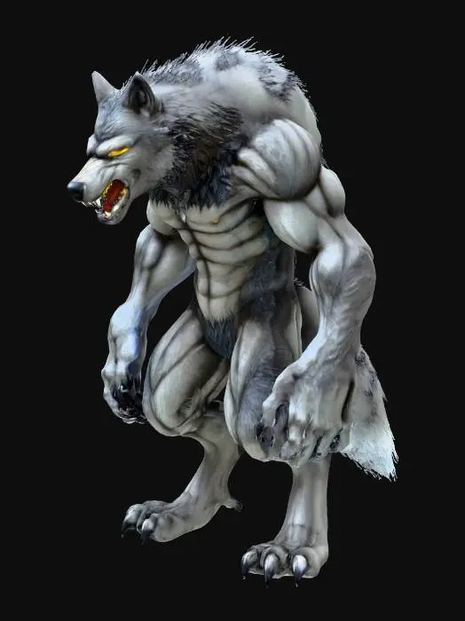 3D model for A towering, menacing wolf stands bipedally, its powerful, muscled physique covered in thick, coarse, dark grey fur. Its prominent snout is long, revealing sharp, yellowish fangs in a perpetual snarl, emphasizing a cunning and hungry expression. Large, pointed ears twitch atop its head, and its eyes glow with a mischievous, predatory gleam. The fur has a slightly matted, shaggy texture, and its formidable claws are visible, hinting at its dangerous nature.
, #villain#