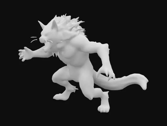 3D model for realistic Maine Coon 3D model for printing, articulated joints (ball-socket neck + hinge knees), dynamic attack pose with raised paw, muscle topology under fur texture, layered mane (8mm strand length), steel claw details, PBR material system, detachable limbs with dovetail connectors, manifold mesh checked, 0.2mm wall thickness, ZBrush high-poly sculpt, Blender Cycles render, 8k --v 6.0 --ar 3:4 --style raw --testp --s 900