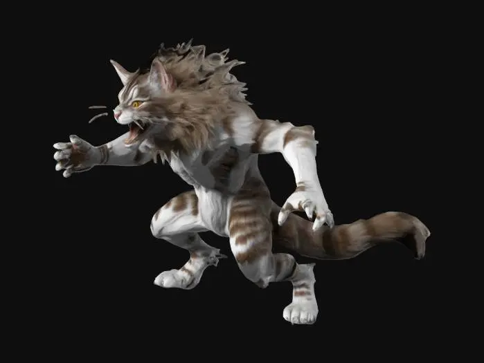 3D model for realistic Maine Coon 3D model for printing, articulated joints (ball-socket neck + hinge knees), dynamic attack pose with raised paw, muscle topology under fur texture, layered mane (8mm strand length), steel claw details, PBR material system, detachable limbs with dovetail connectors, manifold mesh checked, 0.2mm wall thickness, ZBrush high-poly sculpt, Blender Cycles render, 8k --v 6.0 --ar 3:4 --style raw --testp --s 900