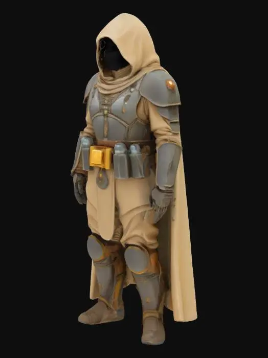 3D model for une jeeune fremen de dune de Frank Herbert très réaliste et cinématographique , il est habillé d'une armure en cahoutchou du désert qui recycle son eau corporelle 