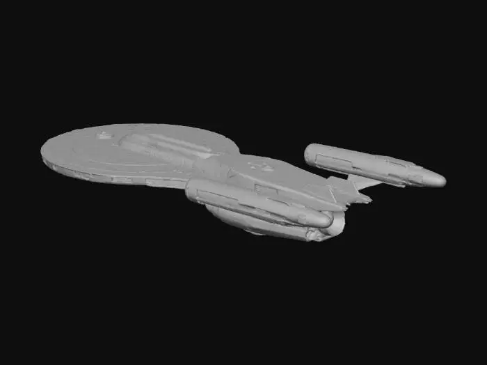 3D model for A sleek, advanced starship features a broad, circular saucer section atop a cylindrical engineering hull. Its smooth, metallic-looking surface, primarily light grey, is accented with subtle panel lines and intricate details. Two elongated warp nacelles, featuring glowing blue Bussard collectors at their front, connect via slender pylons to the hull. A prominent red deflector dish is mounted at the front of the secondary hull, conveying a powerful, futuristic aesthetic.