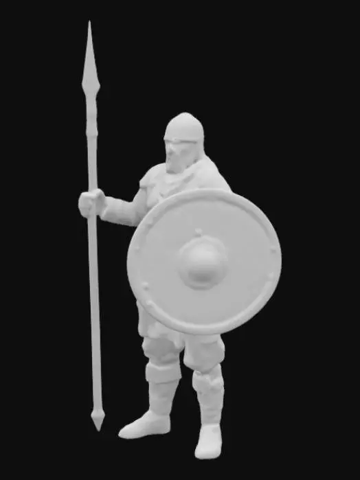 3D model for medieval soldier standing confidently, equipped with a sturdy wooden spear with a sharp metal tip and a round wooden with helmet and leather armor shield reinforced with iron. The soldier wears light armor typical of medieval times, consisting of a leather chest guard reinforced with metal plates, padded fabric underneath for protection, and bracers on the forearms. The armor is flexible and designed for mobility.  