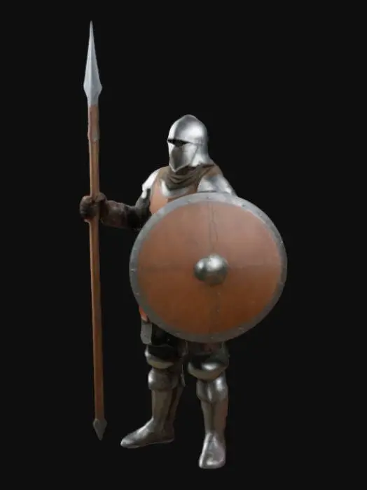 3D model for medieval soldier standing confidently, equipped with a sturdy wooden spear with a sharp metal tip and a round wooden with helmet and leather armor shield reinforced with iron. The soldier wears light armor typical of medieval times, consisting of a leather chest guard reinforced with metal plates, padded fabric underneath for protection, and bracers on the forearms. The armor is flexible and designed for mobility.  