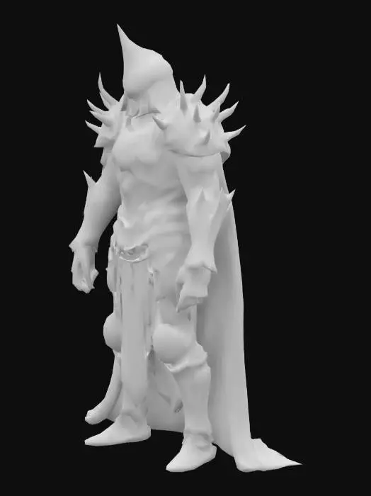 3D model for shadow knight clad in full black armor with heavy spikes and intricate designs, exuding a menacing presence. The armor looks battle-worn but well-maintained, suggesting a seasoned and relentless fighter. Chains, belts, and pouches are strapped across his chest and waist, hinting at a practical side—prepared for battle or survival. The spikes and design elements suggest a dark knight or anti-hero archetype.