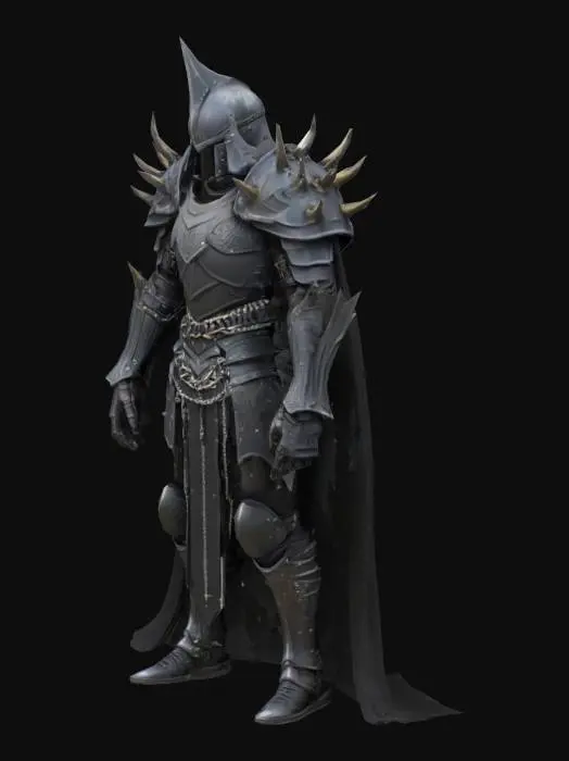 3D model for shadow knight clad in full black armor with heavy spikes and intricate designs, exuding a menacing presence. The armor looks battle-worn but well-maintained, suggesting a seasoned and relentless fighter. Chains, belts, and pouches are strapped across his chest and waist, hinting at a practical side—prepared for battle or survival. The spikes and design elements suggest a dark knight or anti-hero archetype.