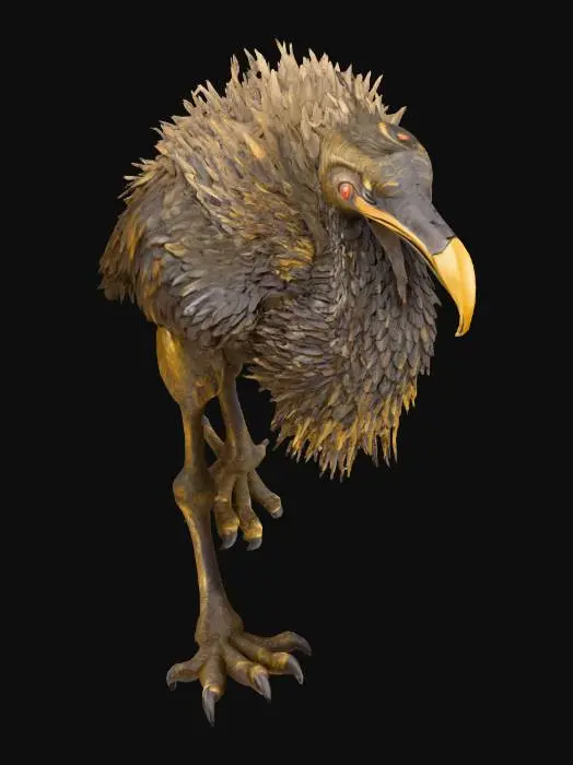 3D model for Colossal marsh bird creature, natural history bestiary style, semi-realistic 3D model. 
Appearance inspired by giant heron or shoebill stork, with powerful long legs, massive claws, and dense dark brown feathers with earthy tones. 
Head elongated with sharp beak, piercing eyes, and slightly rugged crest. 
Body massive, giving an impression of a prehistoric giant bird adapted to swamps. 
Texture PBR realistic with detailed feathers, rough skin on legs, wet and muddy details near claws. 
Environment reference: misty swamp, shallow waters, reeds, and twisted trees. 
Polyrealism style, suitable for fantasy RPG world of Gaia.
#PRB# #Polyrealism# #Bestiary#