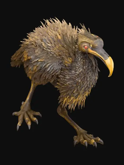 3D model for Colossal marsh bird creature, natural history bestiary style, semi-realistic 3D model. 
Appearance inspired by giant heron or shoebill stork, with powerful long legs, massive claws, and dense dark brown feathers with earthy tones. 
Head elongated with sharp beak, piercing eyes, and slightly rugged crest. 
Body massive, giving an impression of a prehistoric giant bird adapted to swamps. 
Texture PBR realistic with detailed feathers, rough skin on legs, wet and muddy details near claws. 
Environment reference: misty swamp, shallow waters, reeds, and twisted trees. 
Polyrealism style, suitable for fantasy RPG world of Gaia.
#PRB# #Polyrealism# #Bestiary#