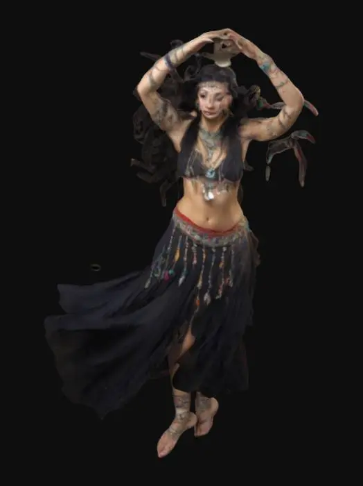 3D model for Una ballerina zingara danza ad un ritmo indiavolato, scalza, molti gioielli, capelli lunghi e corvini, bracciali alle caviglie, ha in mano un tamburello