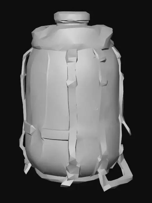 3D model for Game-ready realistic wearable water-jug backpack prop. A large 20-litre water jug mounted vertically in a simple handmade back harness, mostly covered by a fitted faded green canvas wrap. The cover is patched, weathered and strapped tightly around the jug, but the jug shape stays clear. Small hints of the original blue plastic may show near the cap or edges. Practical carrier made from old webbing straps, chest strap, buckles, reinforced canvas and a light salvaged metal frame. Australian post-apocalyptic survival style, low-tech, believable. Generate the prop only, isolated, clean silhouette, no person, no environment, no weapons, no extra gear, no text.