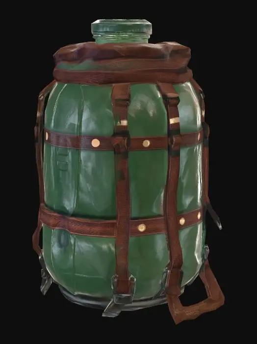 3D model for Game-ready realistic wearable water-jug backpack prop. A large 20-litre water jug mounted vertically in a simple handmade back harness, mostly covered by a fitted faded green canvas wrap. The cover is patched, weathered and strapped tightly around the jug, but the jug shape stays clear. Small hints of the original blue plastic may show near the cap or edges. Practical carrier made from old webbing straps, chest strap, buckles, reinforced canvas and a light salvaged metal frame. Australian post-apocalyptic survival style, low-tech, believable. Generate the prop only, isolated, clean silhouette, no person, no environment, no weapons, no extra gear, no text.