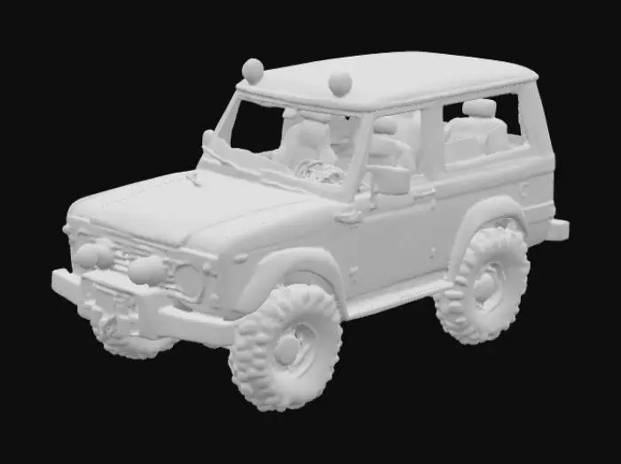 3D model for Create a low-poly 3D model of a rugged, post-apocalyptic yellow SUV (#FFD700) in a retro 8-bit pixel art style with blocky, pixelated textures (nearest-neighbor filtering). Design a compact, boxy shape (2.5m L x 1.5m W x 1.8m H) like a Suzuki Jimny, with high clearance (0.3m), black grille (0.6m x 0.3m) with 4 slats, white headlights (0.15m), yellow fog lights (0.1m), and black bull bar with winch. Add weathered rust (#8B4513) and mud on flat sides, black handles, and off-road tires (0.6m) with rusted rims. Roof is bare with pixelated dirt, no attachments. Use PBR textures (2K, downscaled for pixel art), under 10,000 triangles, with clean UVs. Export in FBX/GLB for Godot, with rigged wheels for rotation. Match a nostalgic, survival vibe like early Zelda.