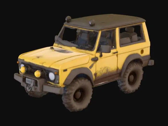 3D model for Create a low-poly 3D model of a rugged, post-apocalyptic yellow SUV (#FFD700) in a retro 8-bit pixel art style with blocky, pixelated textures (nearest-neighbor filtering). Design a compact, boxy shape (2.5m L x 1.5m W x 1.8m H) like a Suzuki Jimny, with high clearance (0.3m), black grille (0.6m x 0.3m) with 4 slats, white headlights (0.15m), yellow fog lights (0.1m), and black bull bar with winch. Add weathered rust (#8B4513) and mud on flat sides, black handles, and off-road tires (0.6m) with rusted rims. Roof is bare with pixelated dirt, no attachments. Use PBR textures (2K, downscaled for pixel art), under 10,000 triangles, with clean UVs. Export in FBX/GLB for Godot, with rigged wheels for rotation. Match a nostalgic, survival vibe like early Zelda.