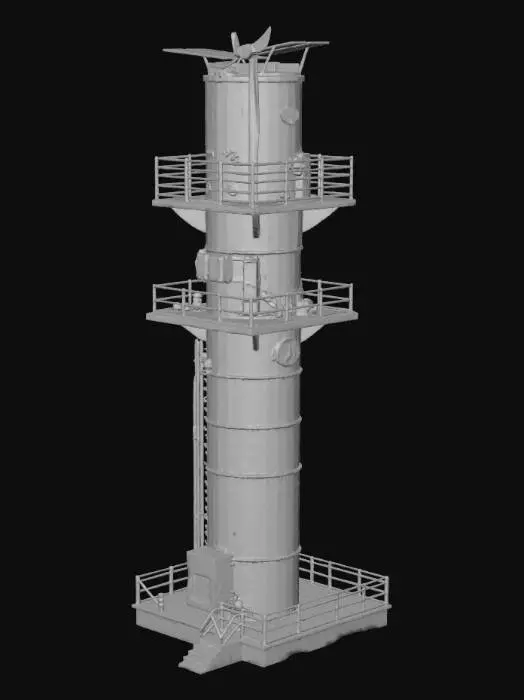 3D model for AeroPur-X 3D model is a detailed air purification tower with an 18m concrete base, fenced perimeter, and a control room with ladder and door. The 8m tall hollow cylindrical tower features a cutaway showing eight colorful, labeled filters illuminated internally. Six base inlets animate polluted air planes flowing inside; twelve mid-height outlets emit blue-white clean air planes. Atop sits a vertical axis wind turbine with three slim curved blades rotating smoothly. Six solar panels tilt 30°, firmly attached with brackets and cable conduits. Extras include rainwater funnel, storage tank, LED panel, sensor lights, bolts, ground plane, lighting, and multiple cameras for realistic industrial visualization.