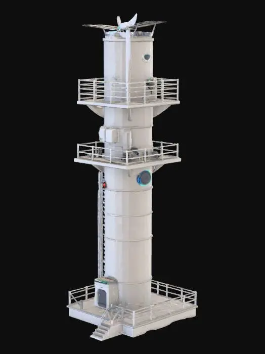 3D model for AeroPur-X 3D model is a detailed air purification tower with an 18m concrete base, fenced perimeter, and a control room with ladder and door. The 8m tall hollow cylindrical tower features a cutaway showing eight colorful, labeled filters illuminated internally. Six base inlets animate polluted air planes flowing inside; twelve mid-height outlets emit blue-white clean air planes. Atop sits a vertical axis wind turbine with three slim curved blades rotating smoothly. Six solar panels tilt 30°, firmly attached with brackets and cable conduits. Extras include rainwater funnel, storage tank, LED panel, sensor lights, bolts, ground plane, lighting, and multiple cameras for realistic industrial visualization.