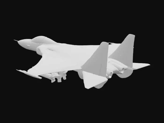 3D model for A sleek, modern F-14 Tomcat fighter jet boasts an aggressive, aerodynamic form with prominent variable-sweep wings, currently partially swept back. Its robust metallic body is coated in a matte, dark grey finish, subtly textured with fine panel lines and realistic weathering marks, suggesting a used but powerful machine. Twin vertical stabilizers rise sharply, and the large circular engine nozzles are visible. Underneath, various missile armaments are attached. The transparent, reflective dark-tinted canopy provides a sharp contrast to the muted fuselage.