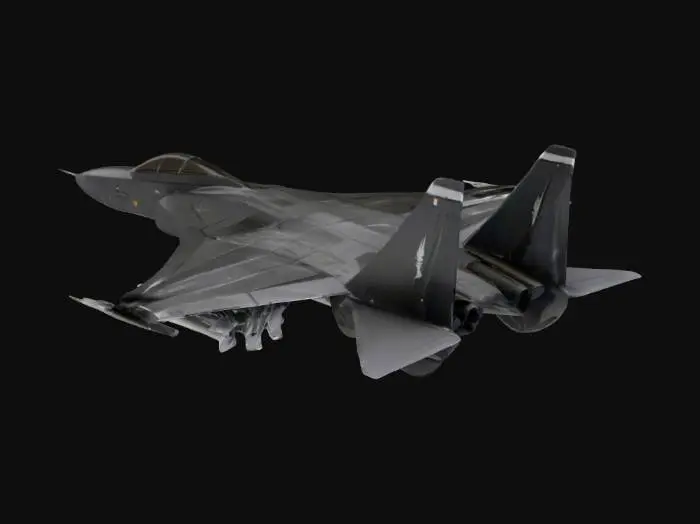 3D model for A sleek, modern F-14 Tomcat fighter jet boasts an aggressive, aerodynamic form with prominent variable-sweep wings, currently partially swept back. Its robust metallic body is coated in a matte, dark grey finish, subtly textured with fine panel lines and realistic weathering marks, suggesting a used but powerful machine. Twin vertical stabilizers rise sharply, and the large circular engine nozzles are visible. Underneath, various missile armaments are attached. The transparent, reflective dark-tinted canopy provides a sharp contrast to the muted fuselage.
