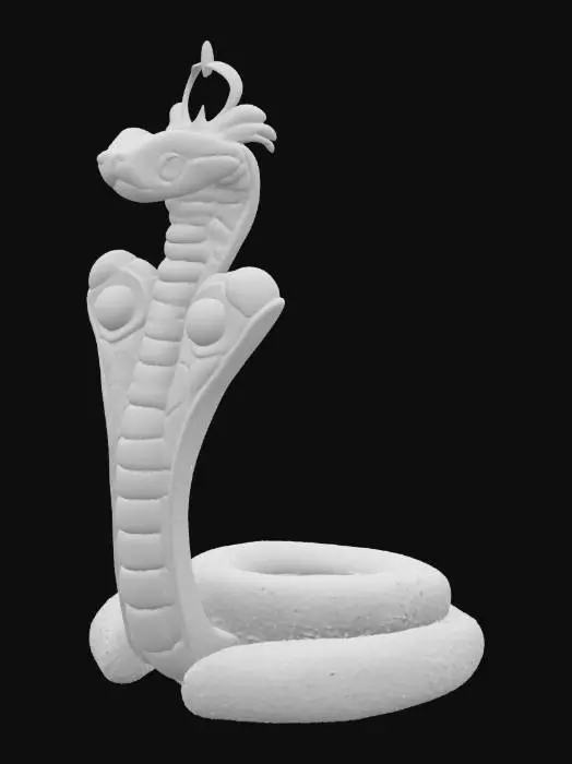 3D model for A polished golden crown with a prominent circular base band and an elegant, sinuous arch overhead. At the front, a multi-colored uraeus cobra with a blue head, black eyes, and golden scaled body rises, its hood flared with red and blue enamel-like sections. The main band is adorned with a geometric pattern of alternating light and dark blue squares, interspersed with smooth, round golden spheres set in red and orange circular frames.