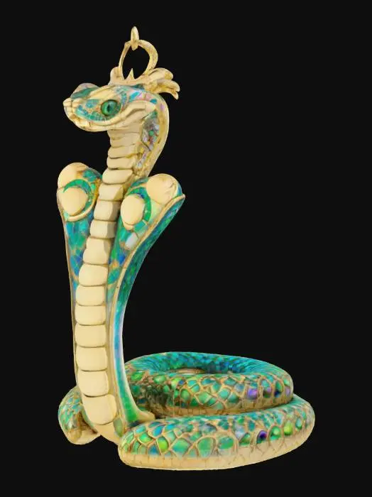 3D model for A polished golden crown with a prominent circular base band and an elegant, sinuous arch overhead. At the front, a multi-colored uraeus cobra with a blue head, black eyes, and golden scaled body rises, its hood flared with red and blue enamel-like sections. The main band is adorned with a geometric pattern of alternating light and dark blue squares, interspersed with smooth, round golden spheres set in red and orange circular frames.