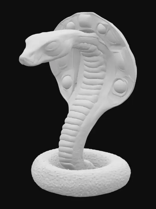 3D model for A polished golden crown with a prominent circular base band and an elegant, sinuous arch overhead. At the front, a multi-colored uraeus cobra with a blue head, black eyes, and golden scaled body rises, its hood flared with red and blue enamel-like sections. The main band is adorned with a geometric pattern of alternating light and dark blue squares, interspersed with smooth, round golden spheres set in red and orange circular frames.